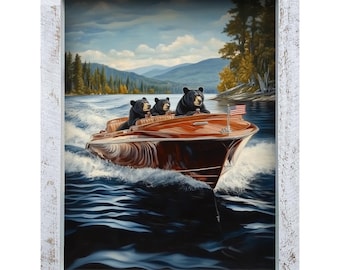Vintage Boat Black Bear Lake Cruise | Real Wood Framed Wall Art Print