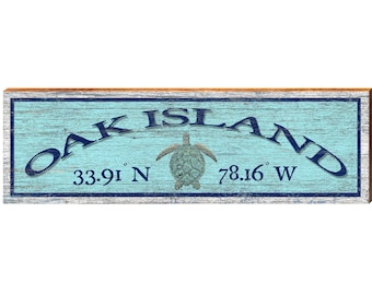 Oak Island, North Carolina Sea Turtle Blue Latitude Longitude Wooden Sign | Wall Art Print on Real Wood