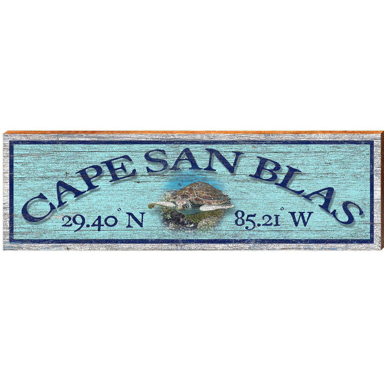 Cape San Blas Sea Turtle Blue Latitude Longitude | Wall Art Print on Real Wood