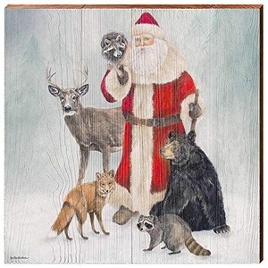 Santa With Animals Home Decor Art Print on Real Wood - Etsy