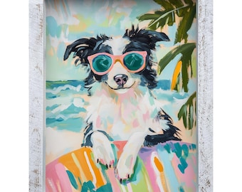 Border Collie Coast / Lámina decorativa de pared enmarcada en madera auténtica
