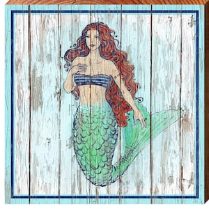 Zeemeermin kust white wash | Muurkunstafdruk op echt hout