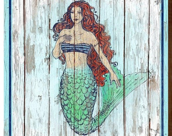 Mermaid Coastal White-wash | Wall Art Print on Real Wood