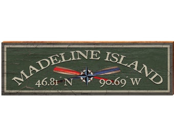 Madeline Island Compass Paddles Green Latitude Longitude | Wall Art Print on Real Wood