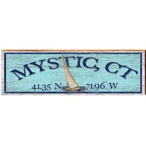 Mystic, Connecticut Sailboat Wooden Sign | Wall Art Print on Real Wood | Blue Latitude Longitude Coordinates Coastal Decor