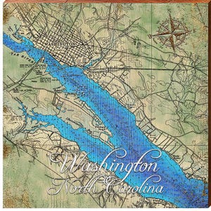 Mapa de Washington, Carolina del Norte / Impresión de arte mural en madera real