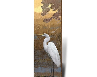 Egret at Dusk Wooden Sign | Wall Art Print on Real Wood