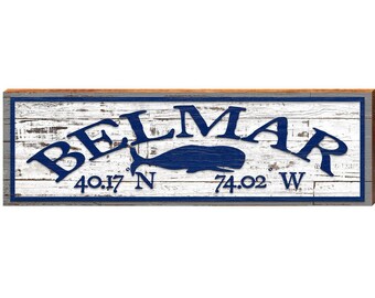 Belmar Whale White Shabby Latitude Longitude | Wall Art Print on Real Wood