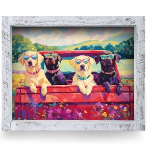 Cool Dogs Red Pickup Truck | Real Wood Framed Wall Art Print | Horizontal