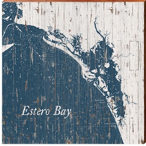 Estero Bay, Florida Shabby Map Letrero de madera / Arte de pared impreso en madera real