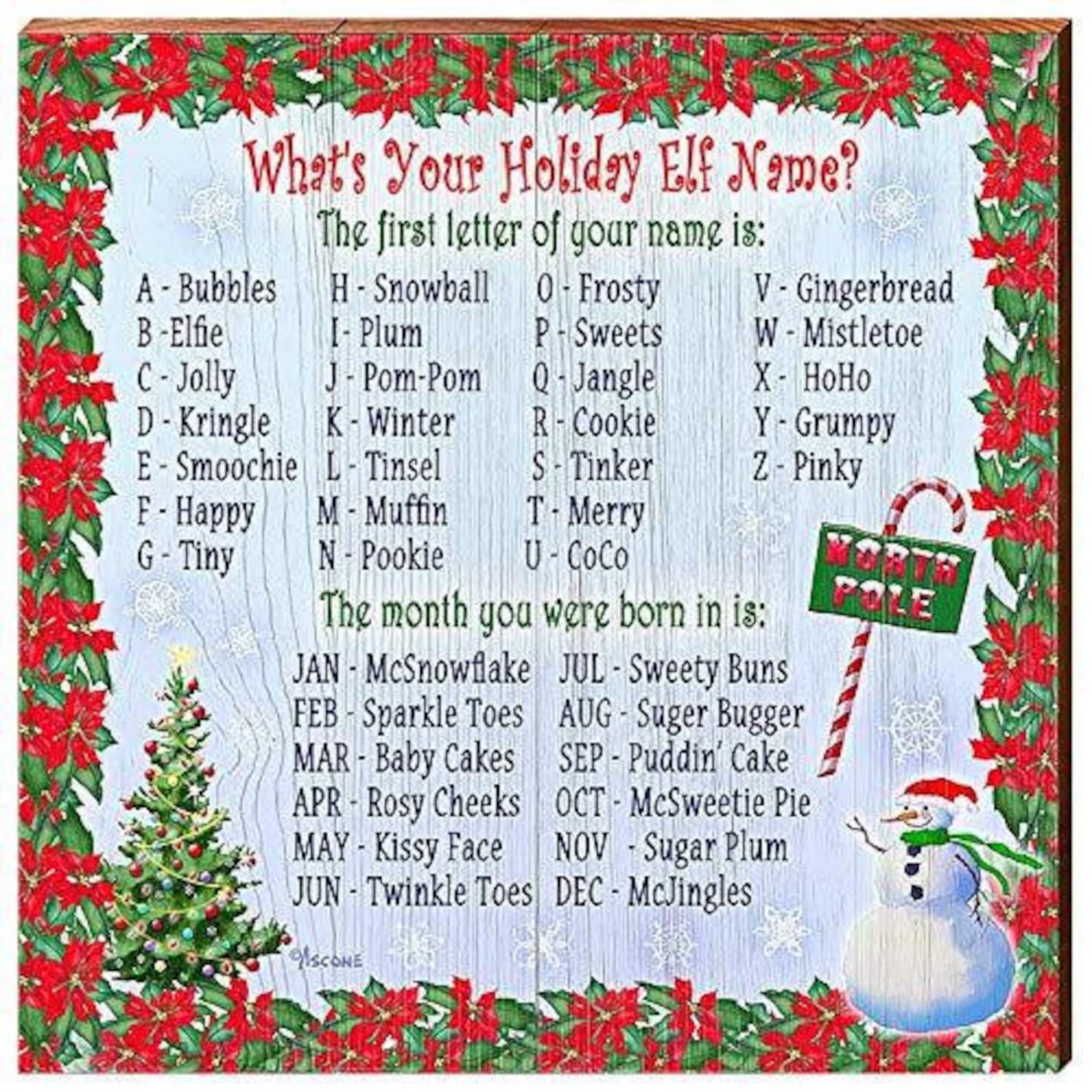 Holiday Elf Name Chart Home Decor Art Print On Real Wood Etsy