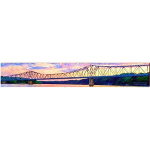 May include: A panoramic painting of the Shell Knob Bridge over Table Rock Lake. The bridge is a steel truss structure with a blue-green hue, set against a sunset sky of pinks, oranges, and blues. The water below reflects the colors of the sky.