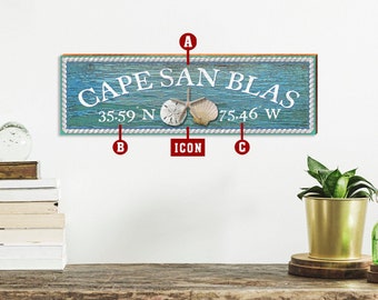 Customizable Latitude Longitude Wooden Beach Sign | Wall Art Print on Real Wood | Beach House Home Decor