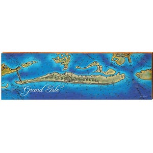 Art mural horizontal de carte topographique de Grand Isle, Louisiane | Impression d'art mural sur bois véritable