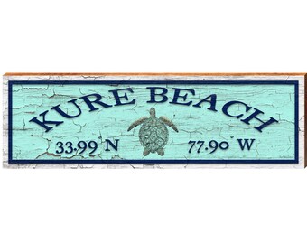 Kure Beach Sea Turtle Green Latitude Longitude | Wall Art Print on Real Wood