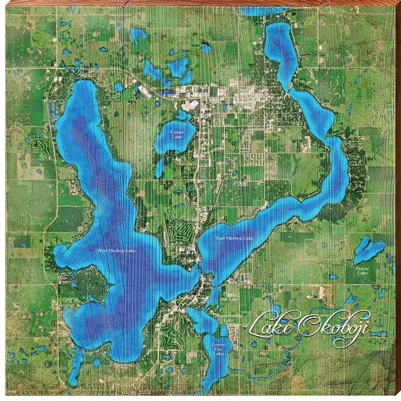 Lake Okoboji Iowa Map Wall Art Print on Real Wood Etsy