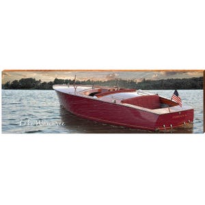 Lake Wawasee, Indiana Vintage Boot Holzschild | Wandkunst Druck auf Echtholz | Cabochon Hütte See Haus Dekor