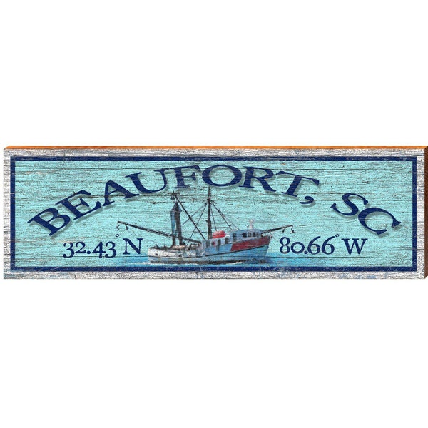 Beaufort, SC Shrimp Boat Blue Latitude Longitude | Wall Art Print on Real Wood
