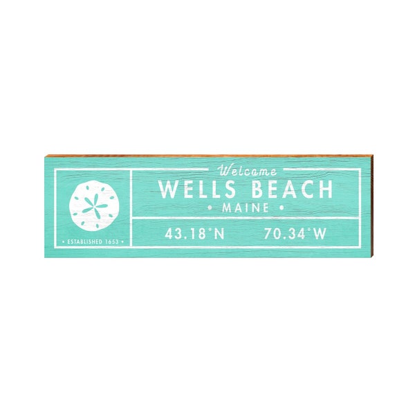 Wells Beach, Maine Teal Sand Dollar coördineert houten bord | Wandkunstprint op echt hout | Breedtegraad Lengtegraad Decor