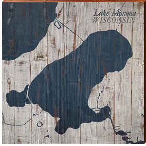 Mapa desgastado en blanco y azul marino del lago Monona, Wisconsin / Impresión de arte mural sobre madera auténtica