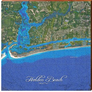 Holden Beach West End Satelliten Karte | Wand-Kunstdruck auf Echtholz