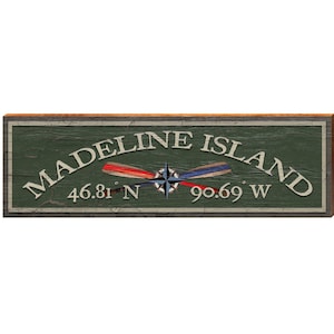 Madeline Island Compass Paddles Green Latitude Longitude | Wall Art Print on Real Wood