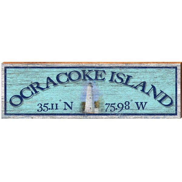 Ocracoke Island Lightouse Blue Latitude Longitude | Wall Art Print on Real Wood