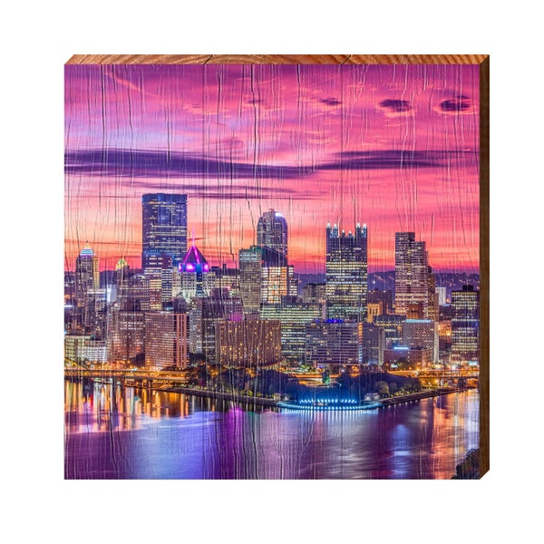 Pittsburgh Sunset Skyline | Wall Art Print on Real Wood