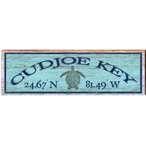Cudjoe Key Sea Turtle Blue Latitude Longitude OUT2 | Wall Art Print on Real Wood