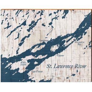 Stampa artistica da parete su vero legno, mappa blu navy e bianca del fiume San Lorenzo, Canada