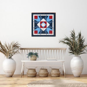 Red, White, & Blue Geometric Barn Quilt Wooden Sign | Wall Art Print on Real Wood