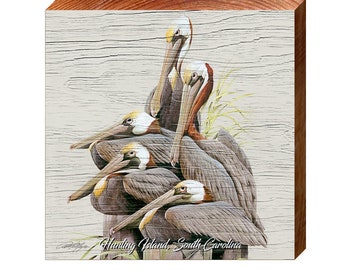 Hunting Island Art Lamay's Pelicans on Pilings | Real Wood Art Print