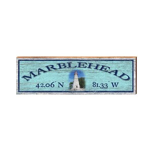 Marblehead Lighthouse Blue Latitude Longitude | Wall Art Print on Real Wood