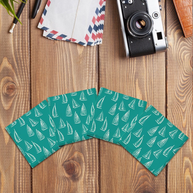 Teal Sailboat Pattern Drink Coaster Set