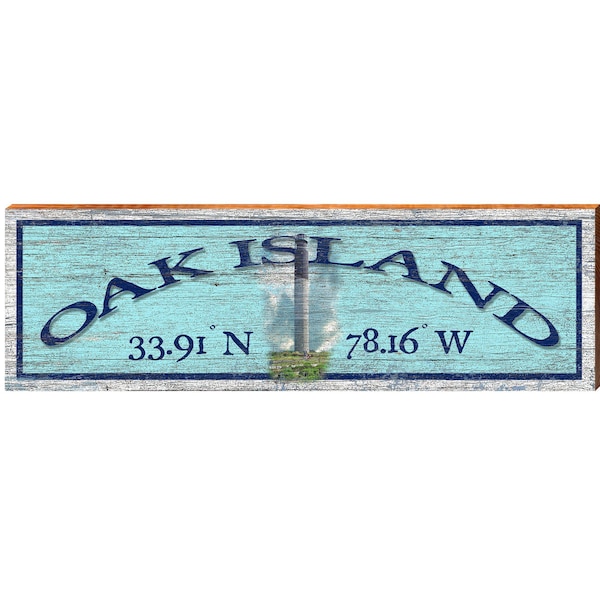Oak Island, North Carolina Lighthouse Wooden Sign | Wall Art Print on Real Wood | Coastal Blue Latitude Longitude Home Decor
