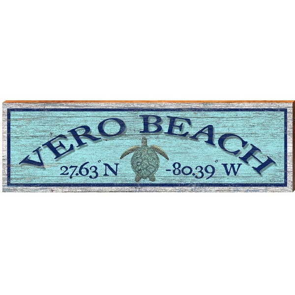 Vero Beach Sea Turtle Blue Latitude Longitude | Wall Art Print on Real Wood