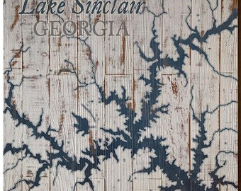 Lake Sinclair, Georgia Navy & White Shabby Styled Map Wall Art | Wall Art Print on Real Wood