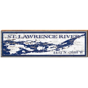 St. Lorenz Strom Shabby Karte Breitengrad Längengrad | Wand-Kunstdruck auf Echtholz