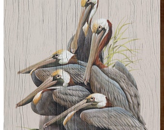 Oak Island, NC Art Lamay's Pelicans | Wall Art Print on Real Wood