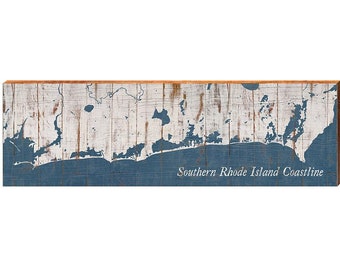 MILL WOOD ART Southern Rhode Island Coastline Shabby Map Home Decor Art Print on Real Wood (9.5"x30")