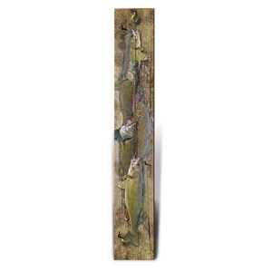 May include: A wooden wall-mounted coat rack featuring a detailed illustration of several fish. The fish are painted in shades of green, yellow, and silver, with visible scales and fins. The rack is made of weathered wood and includes metal hooks.