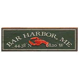 Bar Harbor, Maine Lobster Wooden Latitude Longitude Sign | Wall Art Print on Real Wood