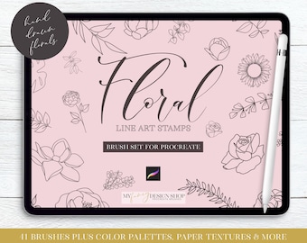 Floral Line Art Procreate Brushes - Botanical Digital Stamps - Procreate Illustrating Set