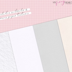 May include: Four digital paper textures for use in Procreate. The textures include a white canvas, a white watercolor paper, a light gray watercolor paper, and a cream watercolor paper. The text "includes watercolor & canvas paper textures" is displayed at the top of the image.