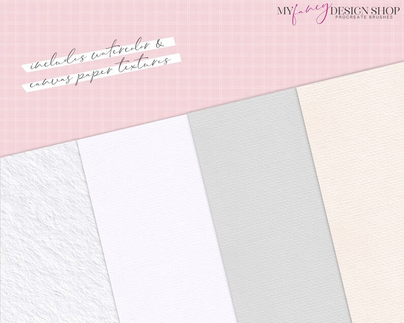 May include: Four digital paper textures for use in Procreate. The textures include a white canvas, a white watercolor paper, a light gray watercolor paper, and a cream watercolor paper. The text "includes watercolor & canvas paper textures" is displayed at the top of the image.