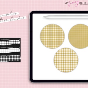 May include: Three digital Procreate brushes for creating seamless plaid patterns. The brushes are shown as circles with a yellow and white plaid pattern.