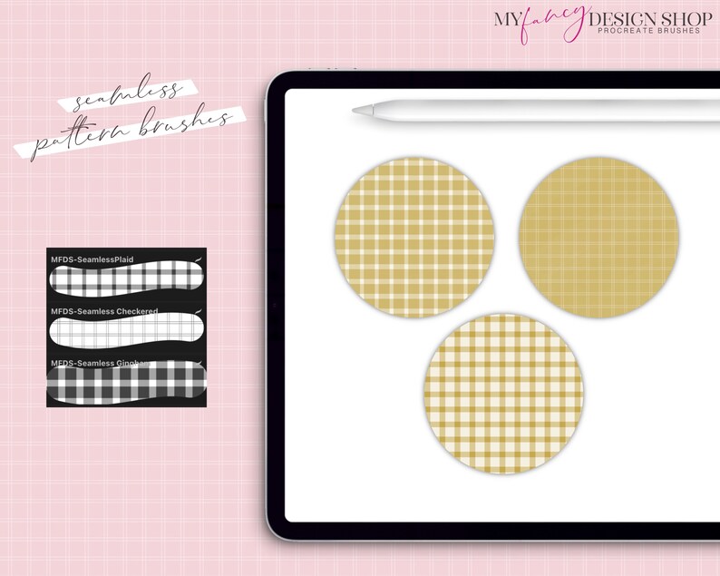 May include: Three digital Procreate brushes for creating seamless plaid patterns. The brushes are shown as circles with a yellow and white plaid pattern.