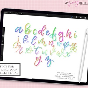 May include: A digital illustration of the alphabet in rainbow colors with a gingham pattern. The letters are displayed on a tablet screen with a stylus next to it. The text "PERFECT FOR PRACTICING YOUR DIGITAL LETTERING" is displayed below the letters. The text "TIP: ADD A GAUSSIAN BLUR TO THE COLOR CHANGING BRUSHES FOR A SMOOTHER BLEND." is displayed below the text.