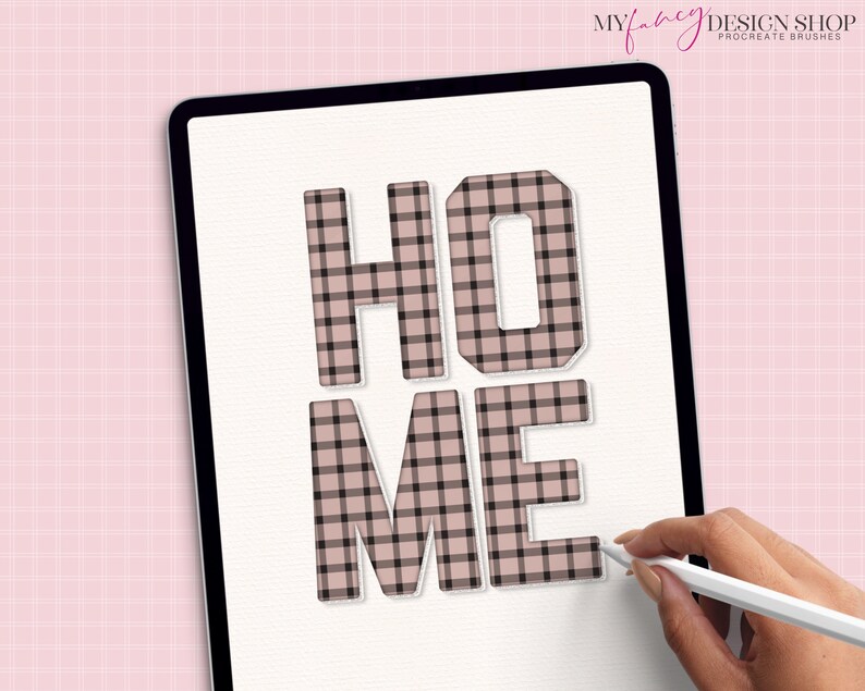 May include: A digital illustration of the word "HOME" in large, bold letters. The letters are filled with a pink and black plaid pattern.