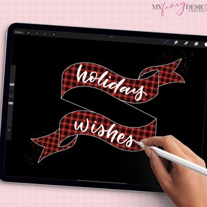 May include: A digital illustration of two red and black plaid banners with white outlines. The top banner says "holidays" and the bottom banner says "wishes".